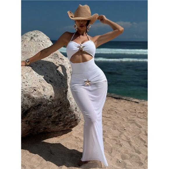 Swim Oasis 2pcs/Set Women's Summer Beach Outfit - Solid Color Metallic Starfish - Picture 1 of 7